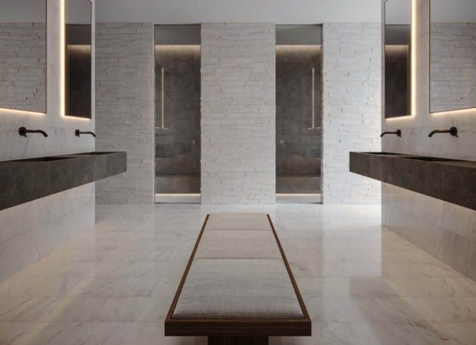 Splitface & Cubics in Bianco Venatino 6x24 Cubic Wall Panels Honed