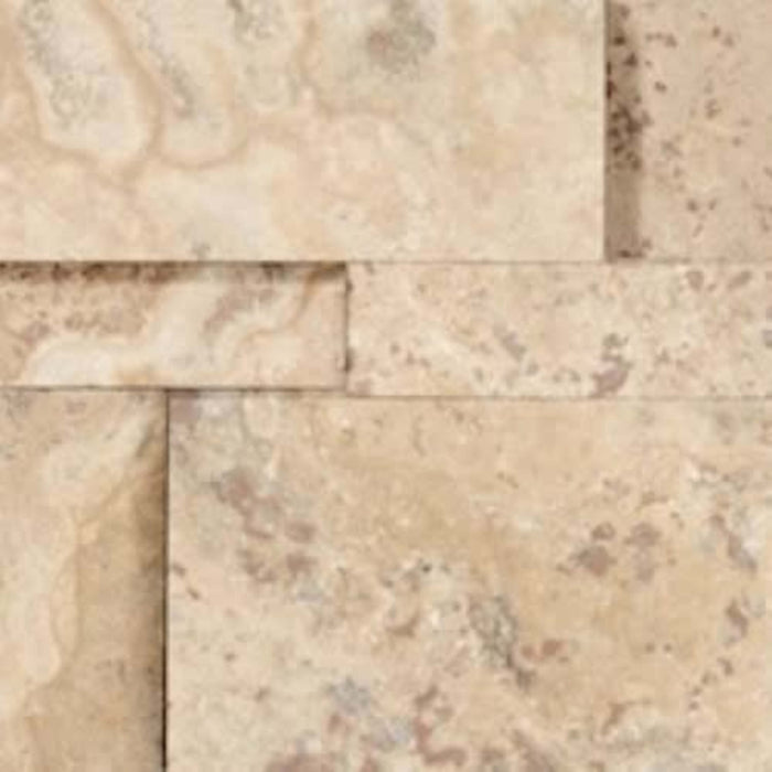 Splitface & Cubics in Picasso Travertine 6x24 Cubic Wall Panels Honed Natural Stone