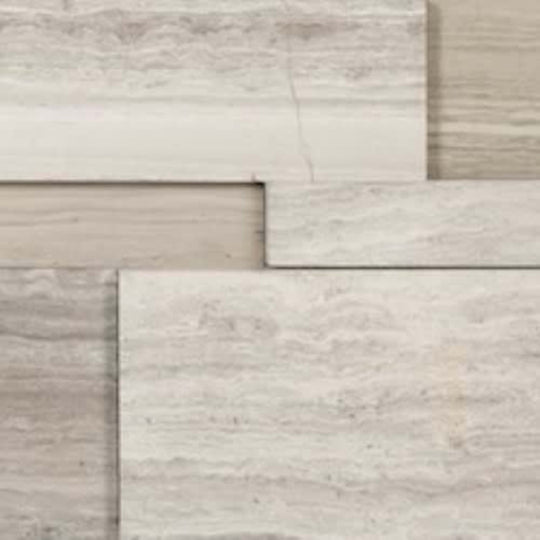 Splitface & Cubics in Strada Mist Veincut 6x24 Cubic Wall Panels Honed