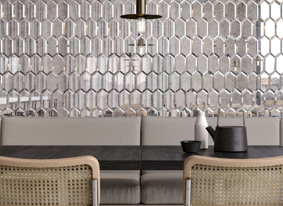 Obsidian in Antique Silver Beveled Hexagon