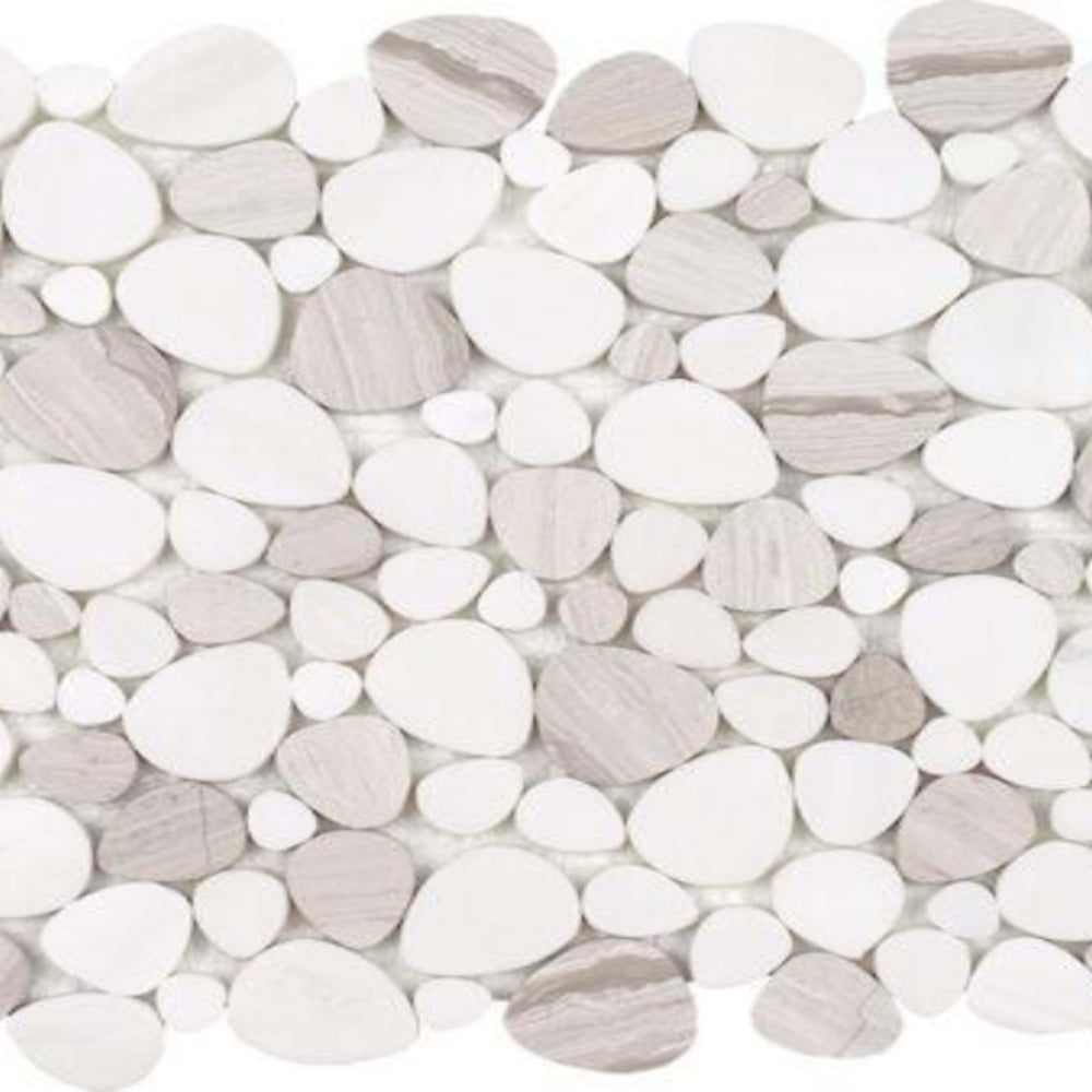 Ocean Stones - Sliced Mosaic in Light Wood Grain Italian White Tile