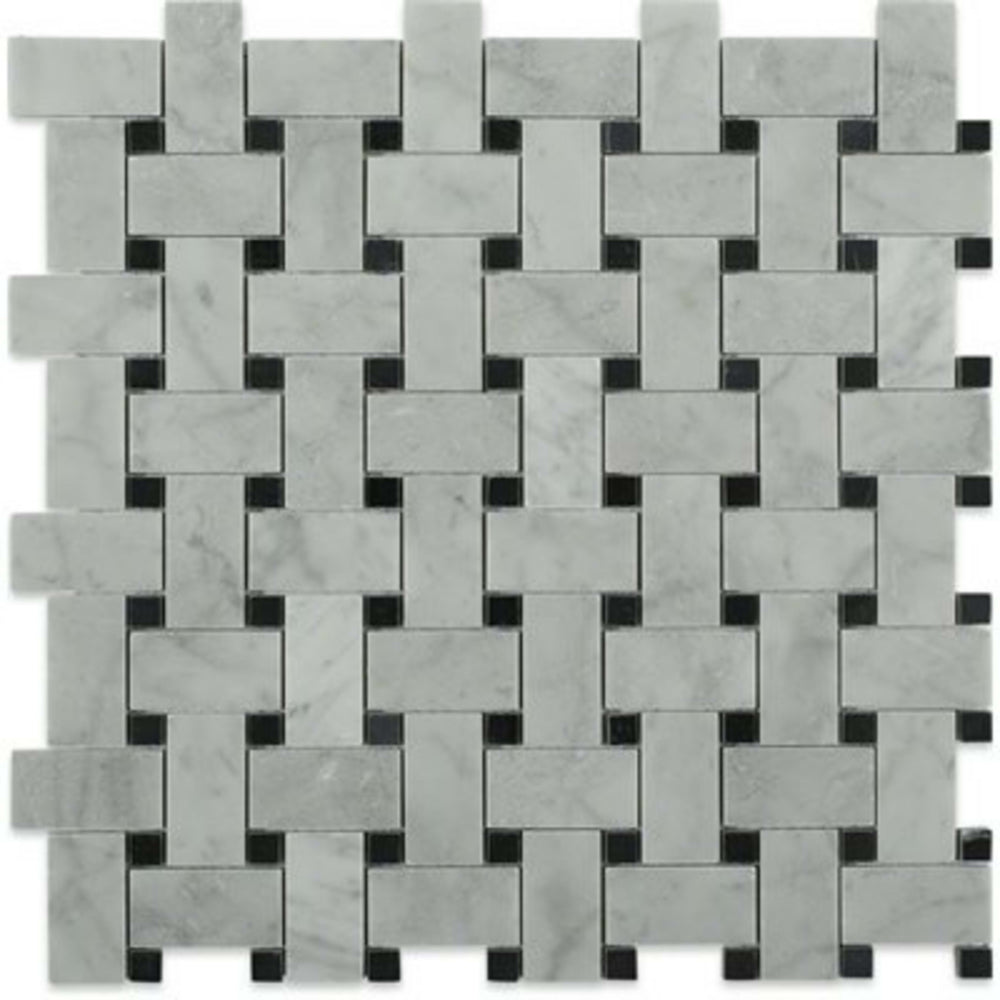 Basket Weave in Trenza White Carrara  Black Dot Natural Stone