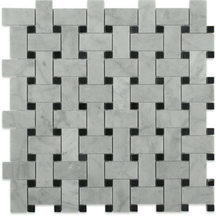 Basket Weave in Trenza White Carrara  Black Dot Natural Stone