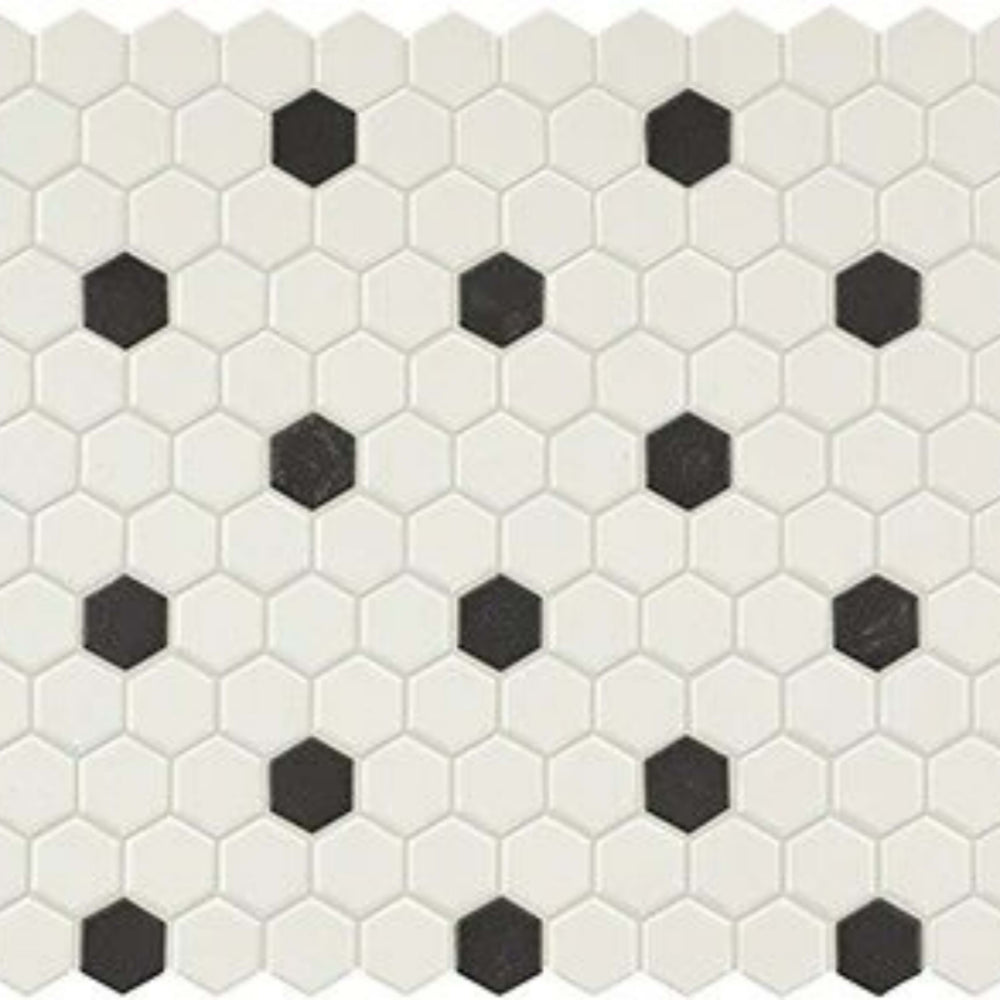 Unglazed Mosaics in Ice White/Black Hexagon Tile