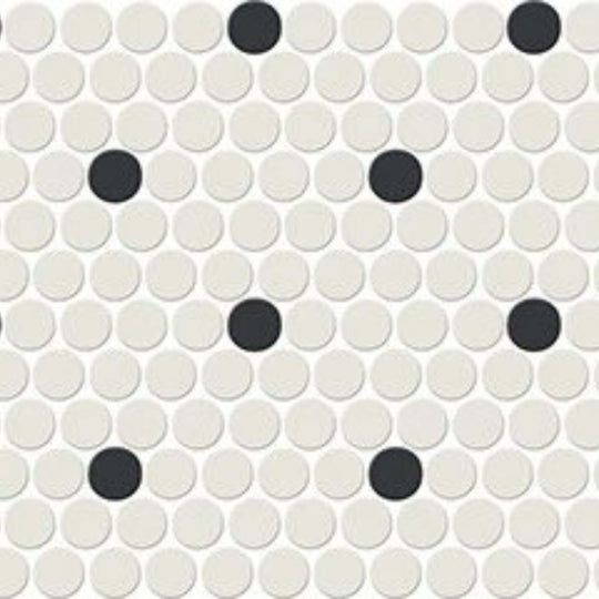 Unglazed Mosaics in Ice White/Black Penny Rounds Retro Dot