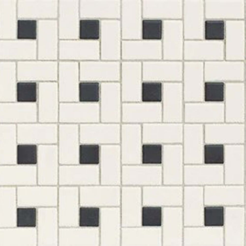 Unglazed Mosaics in Ice White/Black Penny Rounds Rosette Tile