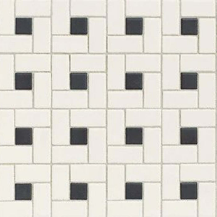 Unglazed Mosaics in Ice White/Black Penny Rounds Rosette Tile